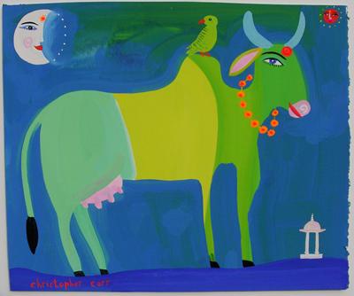Striped Cow & Green Bird by Christopher Corr