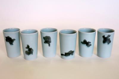 Six Celadon Beakers With Grey Shapes by Chris Keenan