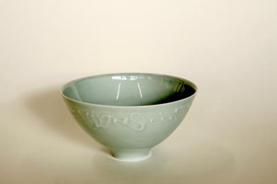 Celadon Bowl With Slip Writing by Chris Keenan