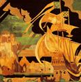 <em>The Galleon</em>, a marquetry panel designed by Frank Brangwyn and made by The Rowley Gallery.  Picture courtesy of the Cecil Higgins Art Gallery, Bedford.
