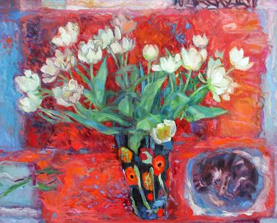 Tulips, Cat & Venice Vase by Isobel Johnstone
