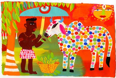 Man Feeding Leaves To A Spotted Cow by Christopher Corr