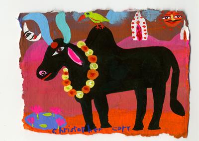 Black Bull With Green Parrakeet by Christopher Corr