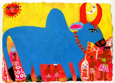 Blue Sacred Cow With Red Garland by Christopher Corr
