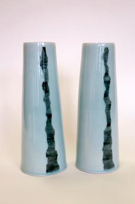 Large Celadon Vessels With Vertical Grey Lines by Chris Keenan