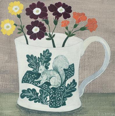 Squirrel Cup & Auriculas by Debbie George