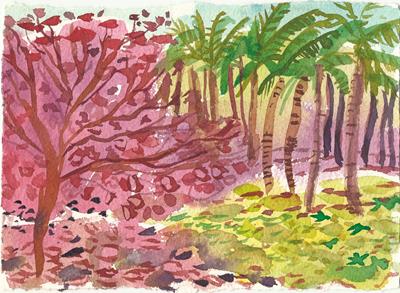 Rusty Pink Tree With Palms by Annabel Keatley