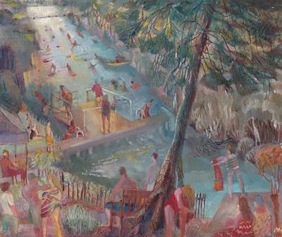 Summer Swimmers, Mixed Pond (With Heron) by Mary Kuper