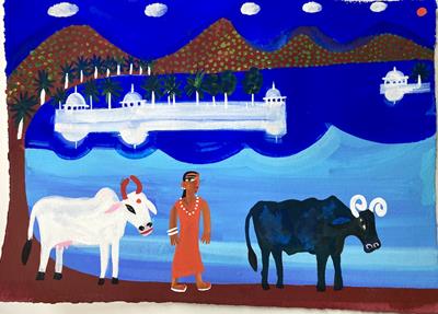 Grazing Cattle By The Lake In Udaipur by Christopher Corr